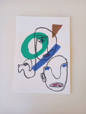 One line faces acrylic and oil pastel on A4 watercolor paper new