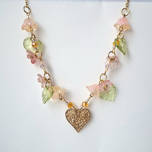 Women's gold-tone necklace with pink flowers, handmade