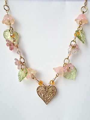 Women's gold-tone necklace with pink flowers, handmade