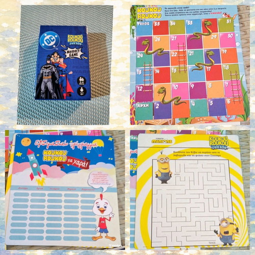 Koukouroukou collectible set of 4 including DC memory cards, SpongeBob snake, Minions maze, Paw Patrol school planner