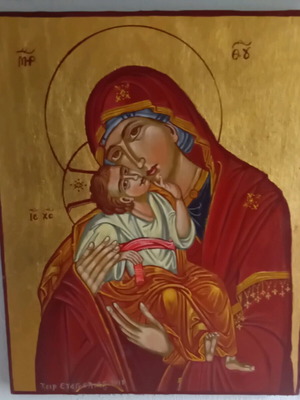 Icon Panagia Glykofilousa handmade new painting on wood with gold leaf