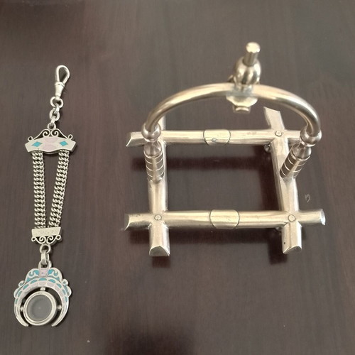 Pocket watch stand and fob used, set