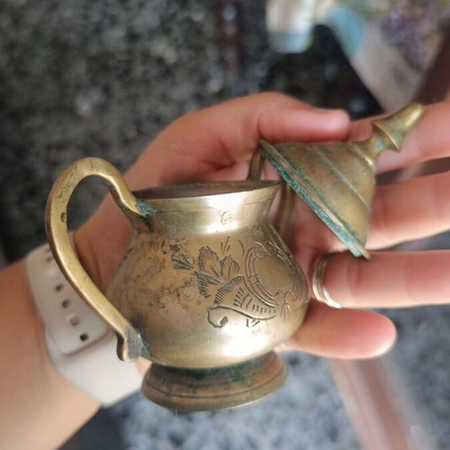Brass tea set used, antique vintage decorative with embossed designs