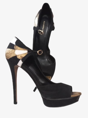 Bershka Peep Toe sandals like new, black with white and gold details, size 39