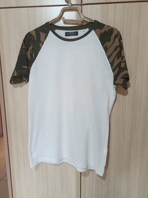 Bershka T-shirt with Camouflage Sleeves size S like new, white multicolor