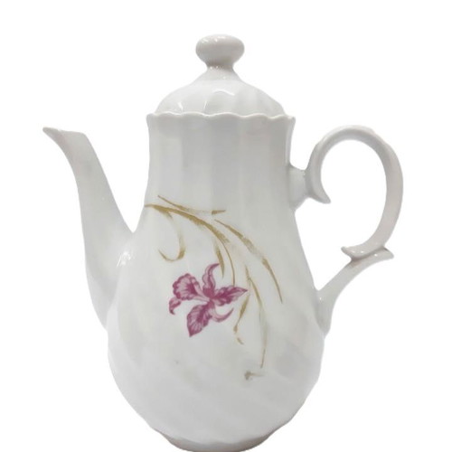 Vintage porcelain coffee pot with lid used, floral pink and gold