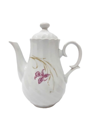 Vintage porcelain coffee pot with lid used, floral pink and gold