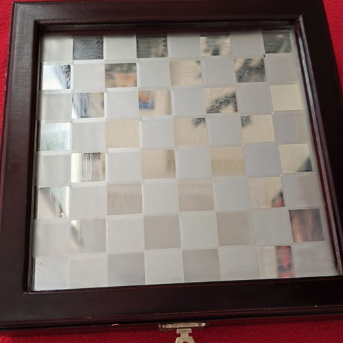 Vintage glass chess set used with wooden case and mirror board