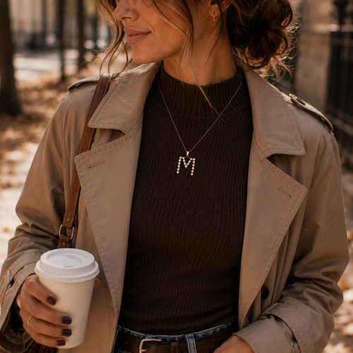 Pearl monogram necklace with stainless steel chain, letter M