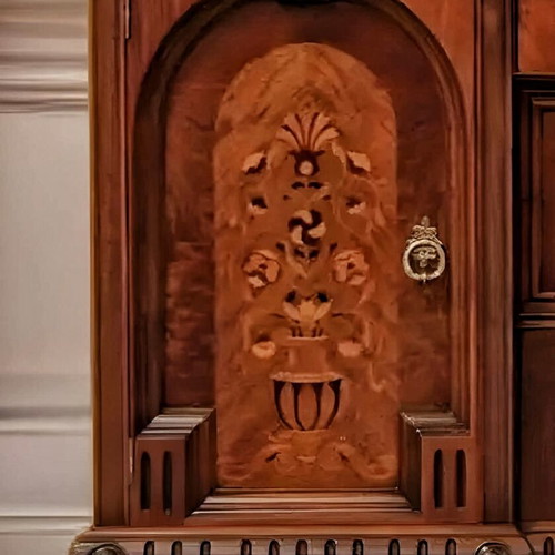 Tudor Sideboard with Marquetry like new, walnut, cherry and maple