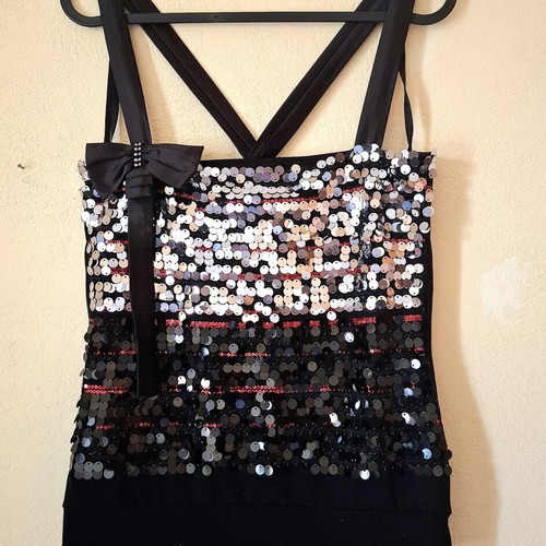 Enzzo Y2K vintage black and silver sequin top with straps