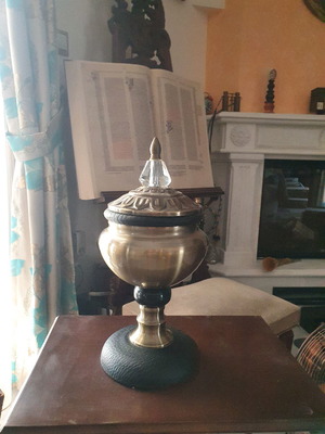 Bronze fondue pot with leather and glass used
