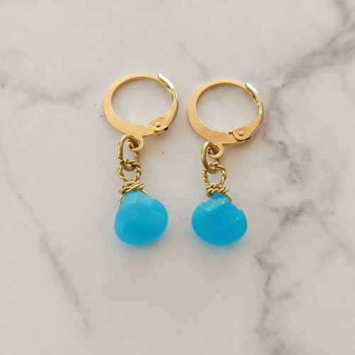 Stainless Steel Hoop Earrings with Turquoise Jade Beads, Handmade