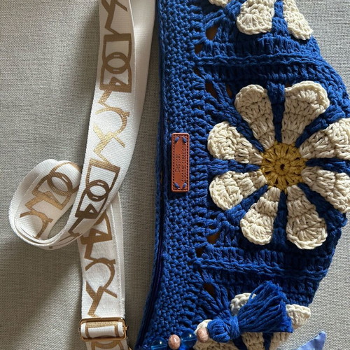 Handmade crochet shoulder bag crossbody blue with flower design