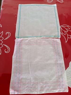 Set of 2 vintage women's handkerchiefs used with pink and aqua stripes