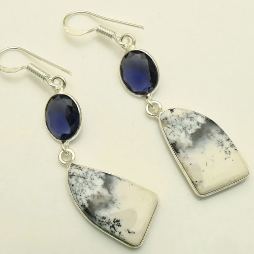 Earrings with semi-precious opal and dendritic stones, new