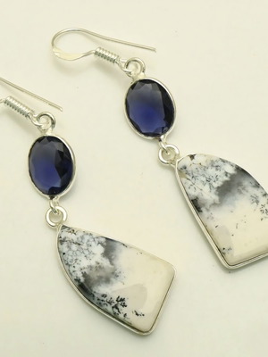 Earrings with semi-precious opal and dendritic stones, new