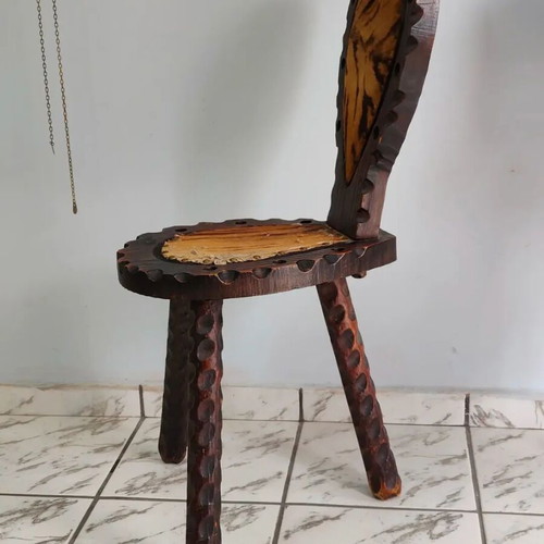 Spanish rustic chair used with three legs and animal leather