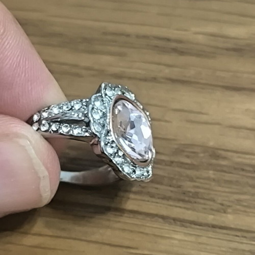 Vintage women's ring with pink stone and white zirconia, silver and rose gold color, new