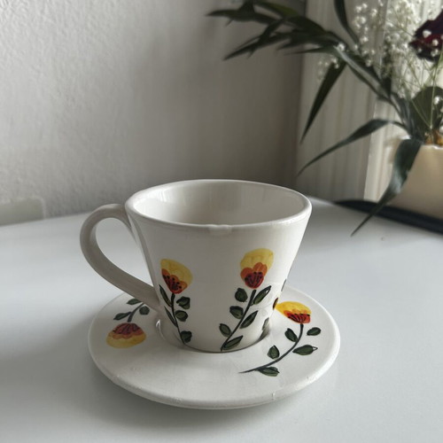 Handmade ceramic cup with saucer like new, handpainted