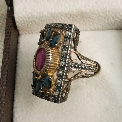 Silver gold 9k 925 ring with blue sapphires and ruby used