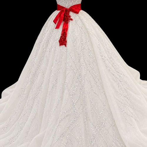 Wedding dress with red satin belt and bow, XL-XXL