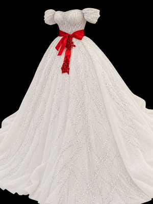 Wedding dress with red satin belt and bow, XL-XXL