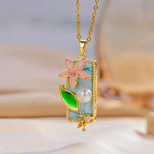 Vintage Camellia Necklace with Enamel, Pearl & Rhinestones, New