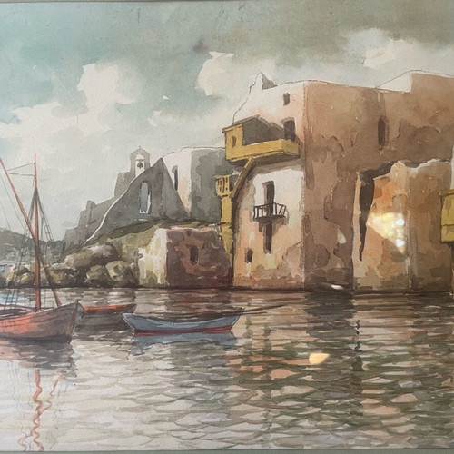 Watercolor by Konstantinos Sofianopoulos Island Landscape with Chapel and Boats framed