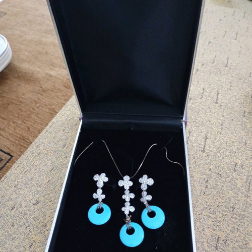 Silver women's jewelry set 925 with turquoise earrings and necklace