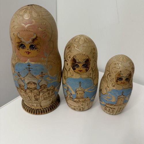Russian wooden matryoshka dolls set of 3 used, vintage handmade