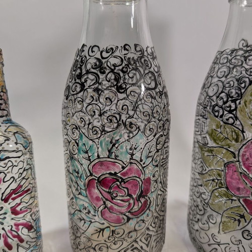 Decorative enamel-painted bottles vases used, set of 4 pieces