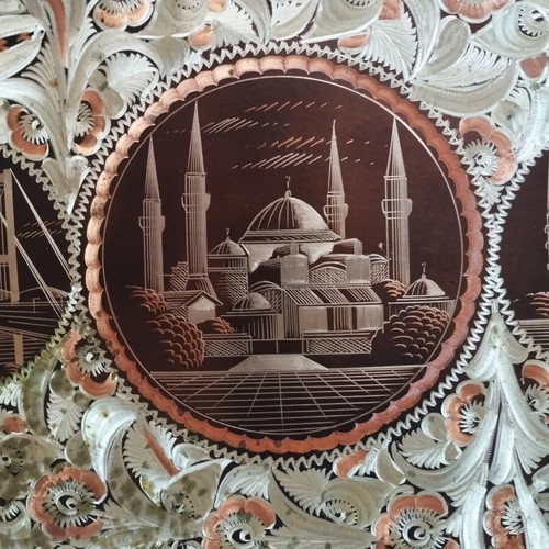 Copper serving tray used with Istanbul landmarks and floral designs