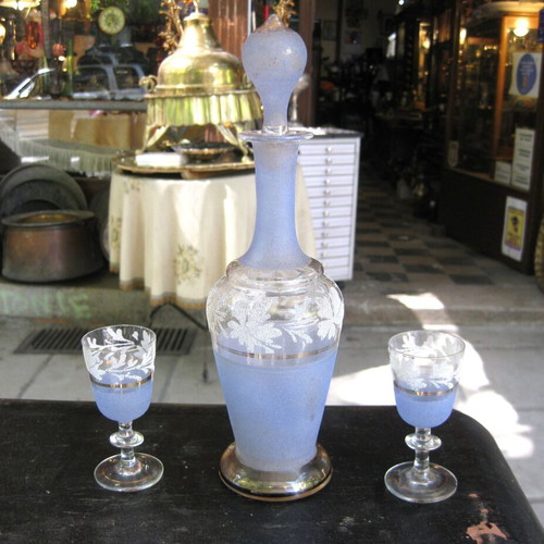 Liqueur decanter with two glasses used, handmade vintage set