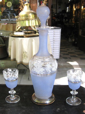 Liqueur decanter with two glasses used, handmade vintage set