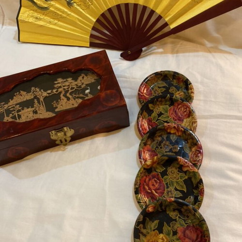 Vintage Asian Art Set with 47cm Fan, Jewelry Box & 5 Bamboo Coasters
