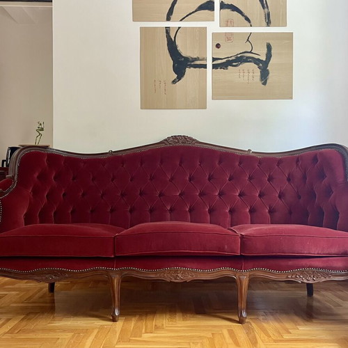 Vintage 70s couch like new, velvet, solid wood, red