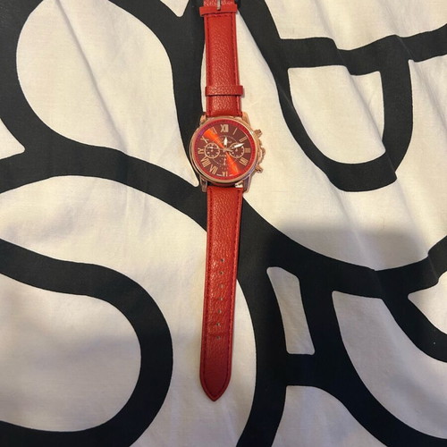 Unisex wristwatch new with red synthetic leather strap