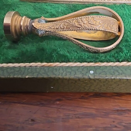 French Art Nouveau writing set used, gilded brass with penholder and seal