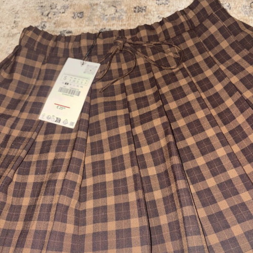 Zara brown plaid pleated mini skirt with elastic tie front waist new