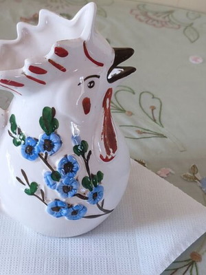 Vintage ceramic rooster jug with handpainted floral design