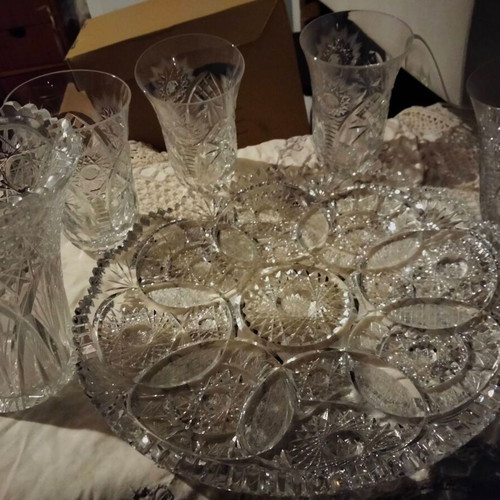 Crystal platter, vase and 4 glasses like new with intricate engraving