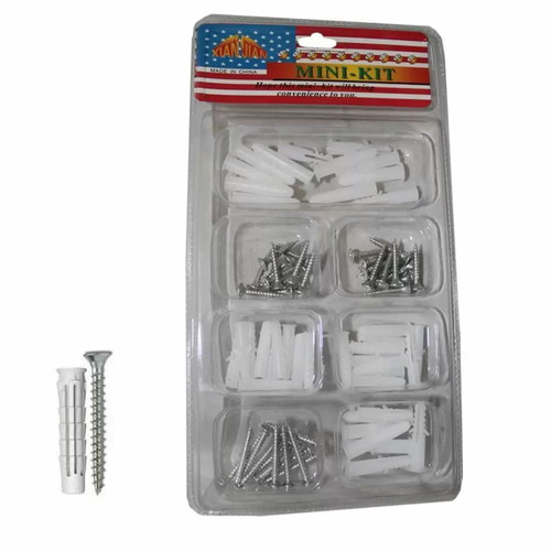Set of 50 screws with 25 wall plugs in 2 sizes silver new