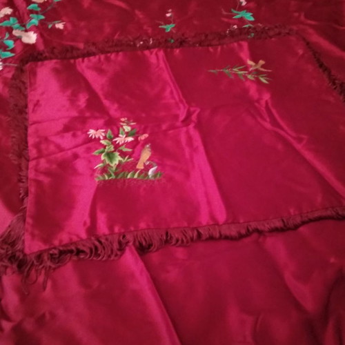 Bed cover used in red with multicolor embroidery and pillowcases