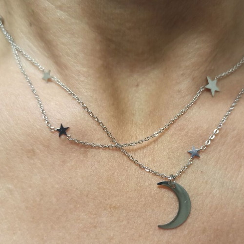 Steel necklace new with double chain and crescent moon detail