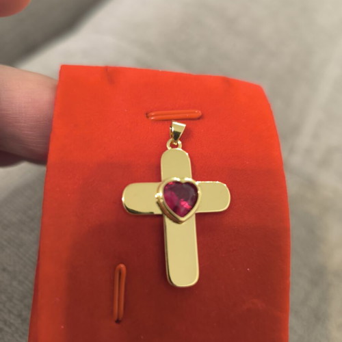 Gold-colored cross pendant with red heart stone, stainless steel, new