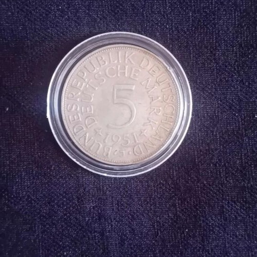 Silver 5 Deutsche Mark coin used, Germany 1951 XF