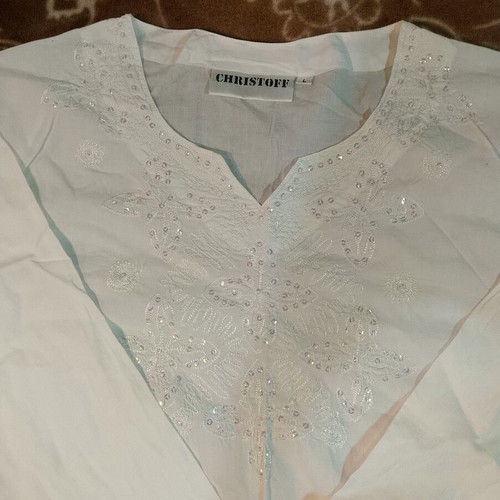 Christoff white embroidered blouse with sequins, size L, long sleeve
