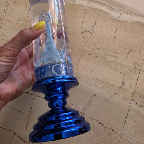 Decorative water globe with blue Eiffel Tower, used, lights up