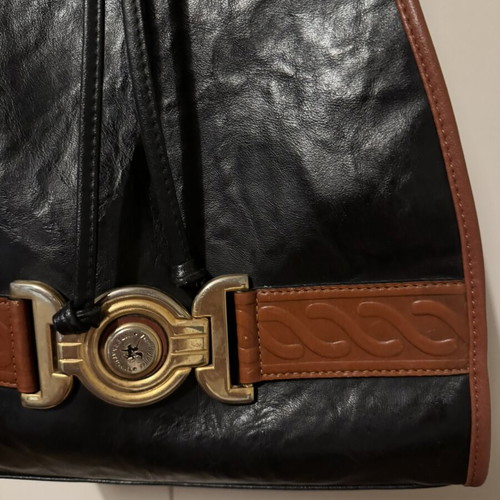 Bartuggi vintage leather shoulder bag black with brown details and gold buckle like new